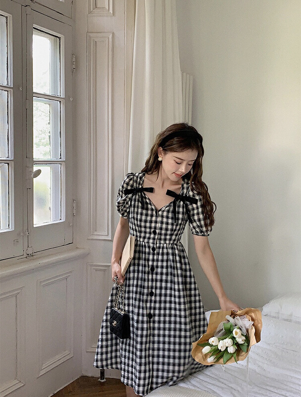 goods in stock! New in early summer! [olene] French retro stitched lace up bow dress 1262# WPL