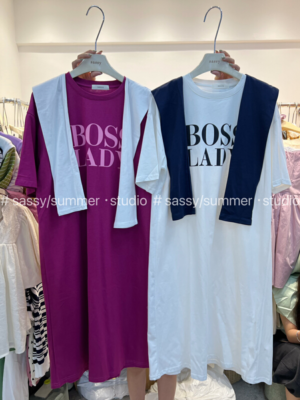 [sassy] Korean letter printed loose dress (with cape) 723\hbx