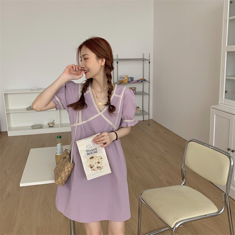 [timely rain] Han Feng's slim V-neck lace up waist A-shaped dress 04521# WPL
