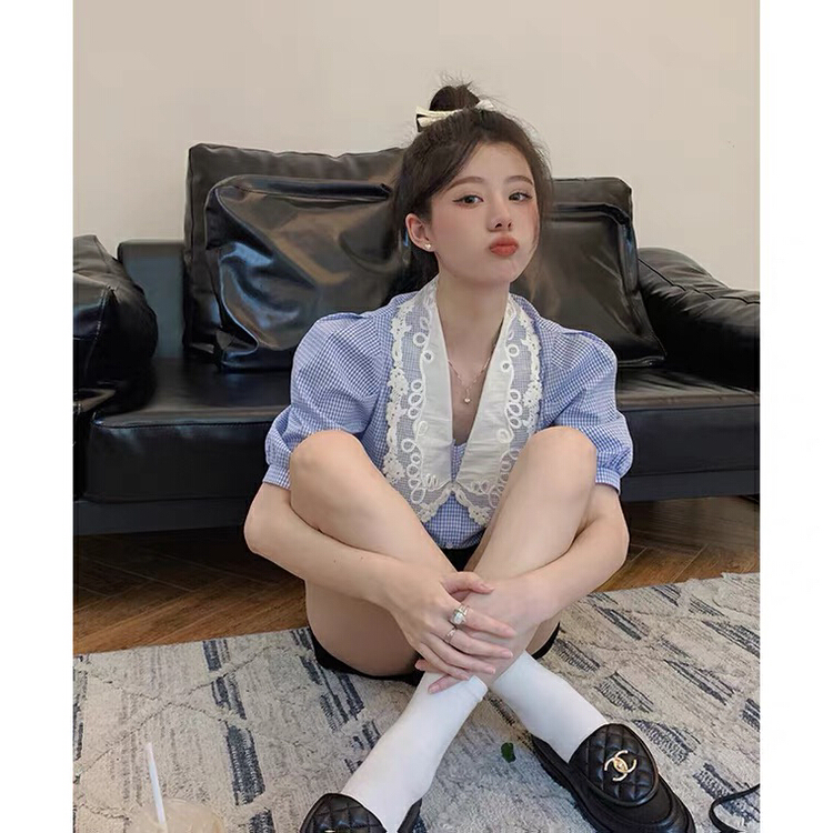 goods in stock! New in early summer! [Kiki studio] Korean Lapel plaid shirt + high waist slim Shorts Set 5674# hjy