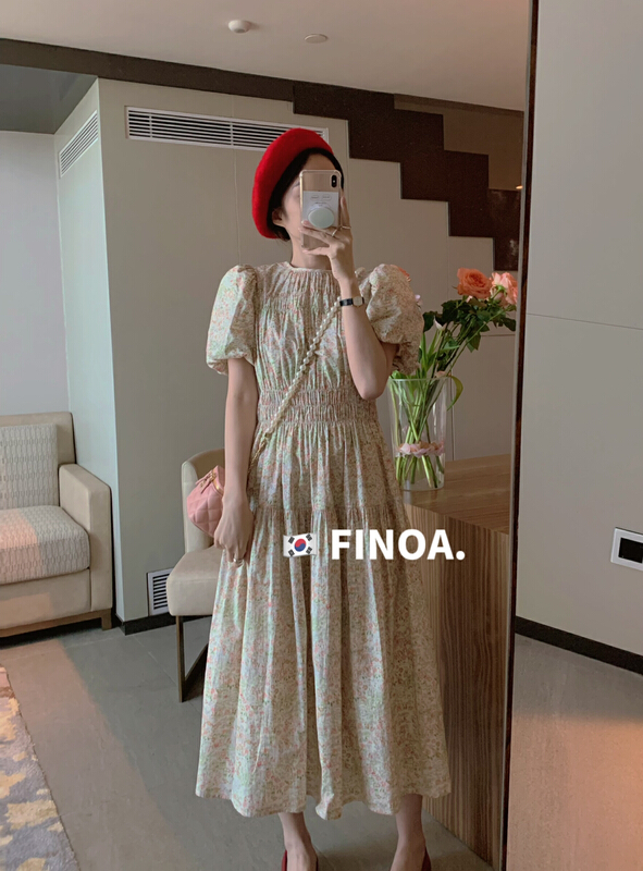 New in early summer! [finoa] Korean casual waist closing round neck floral dress 1097# CLS