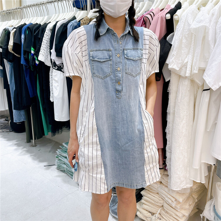 [UUS] stripe stitched denim dress 222555# zyh
