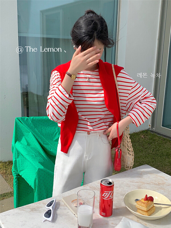 goods in stock! New year in early spring! [lemon green tea] Korean loose stripe long sleeved T-shirt (T-shirt only) 2025# hjy