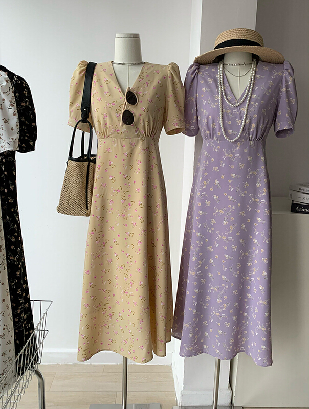 [kakajia] V-neck small floral bubble sleeve waist length dress 2035# ozq