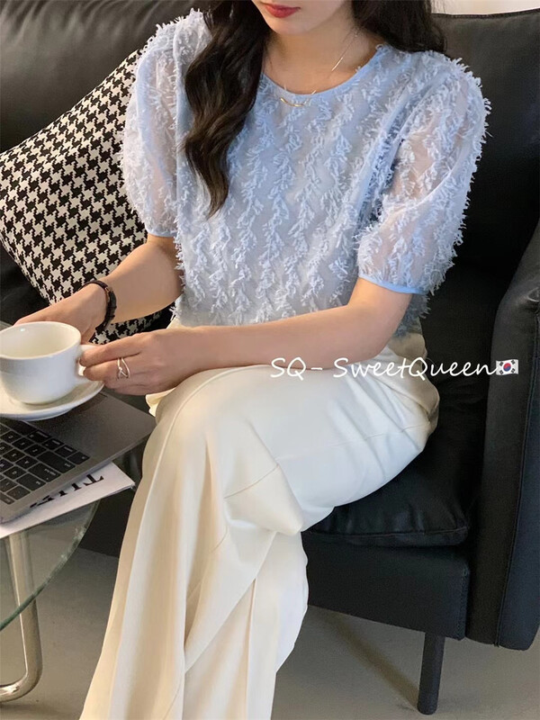 goods in stock! New in early summer! [sq] Korean style round neck textured lady blouse 8875# zxx