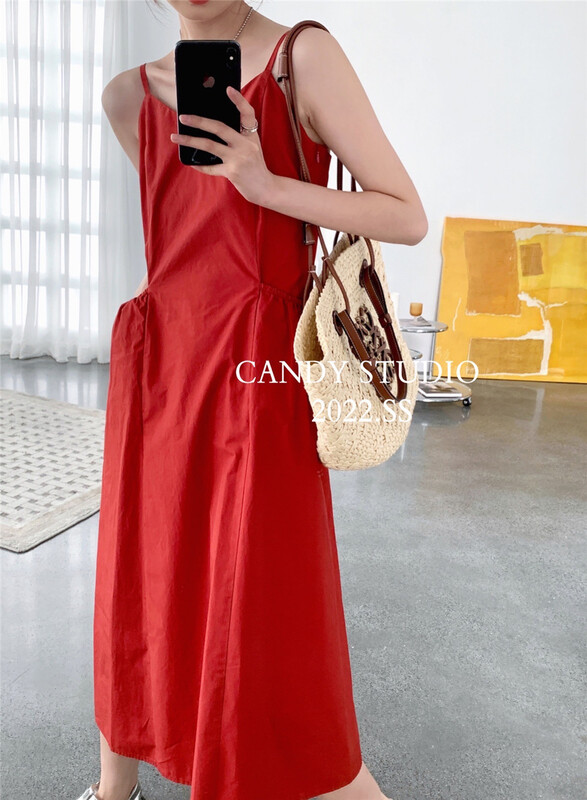 [candy] Korean V-neck sling waist dress 9087# zjy