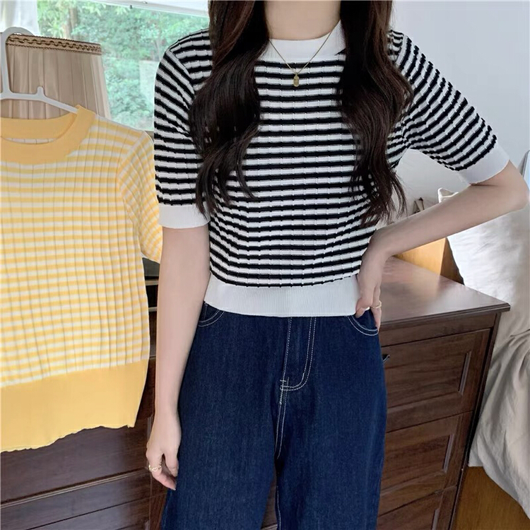 [strawberry] contrast stripe crew neck T-shirt s838# L