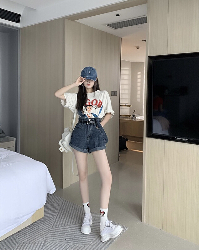goods in stock! New in early summer! [savage] Korean version of spice girl style high waist hem A-shaped suspender pants (with belt + detachable shoulder belt) e6965# WPL