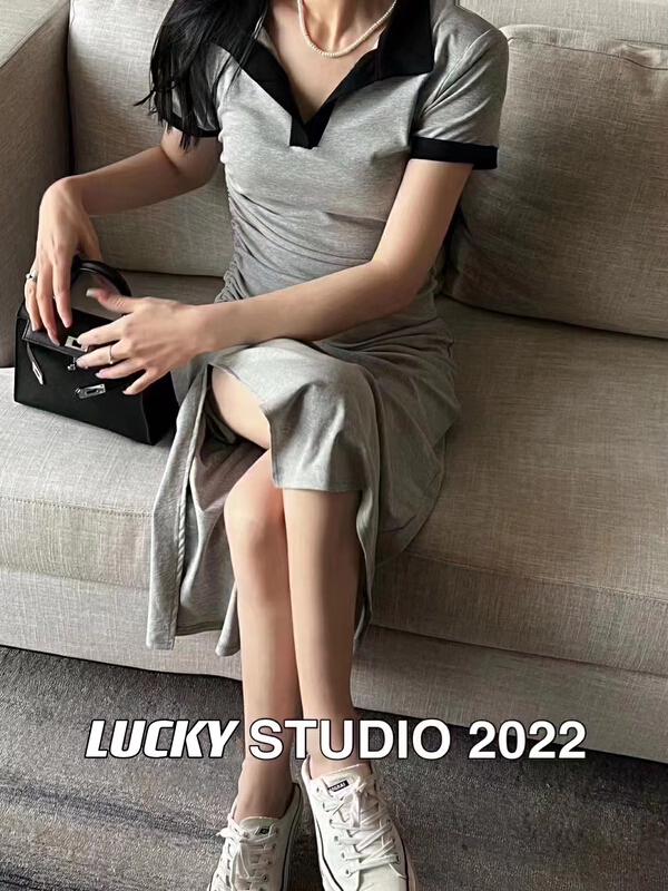 New in early summer! [lucky] Lapel pleated drawcord waist slim dress 8654# zxx