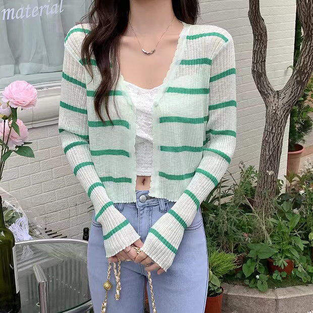 [only love] V-neck stripe versatile sunscreen shirt c336# zxl