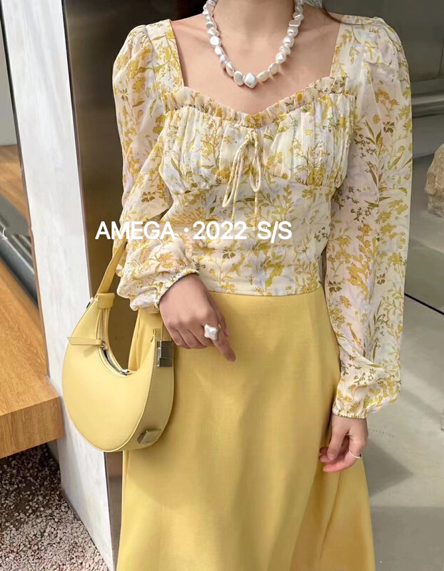 New year in early spring! [amega] square neck small fresh broken flower lace up shirt 6696# HBx