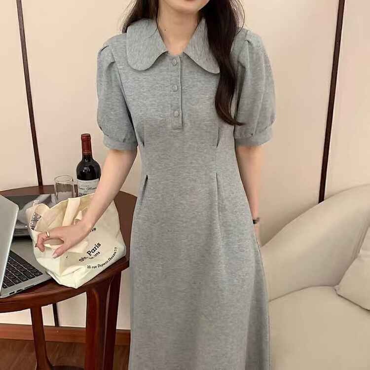 New in early summer! [L.L studio] Korean version simple casual waist closing bubble sleeve doll neck dress 7414# PCZ