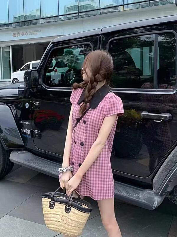 [are studio] Lapel color check double breasted dress 81179# zxx