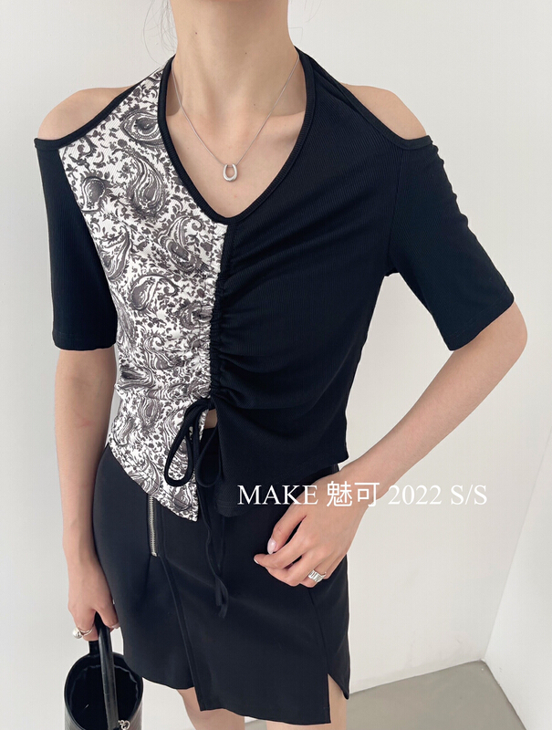 New in early summer! [make Meike] slim and foreign style splicing neck hanging shirt 8706# XJ