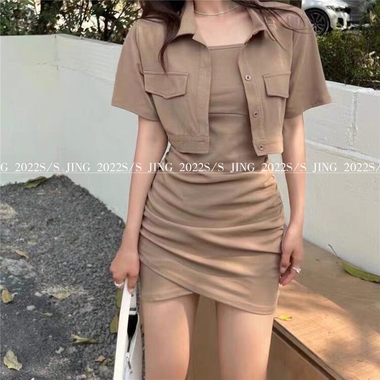 [Jing] simple casual jacket + slim suspender skirt two piece suit 6663# cqw