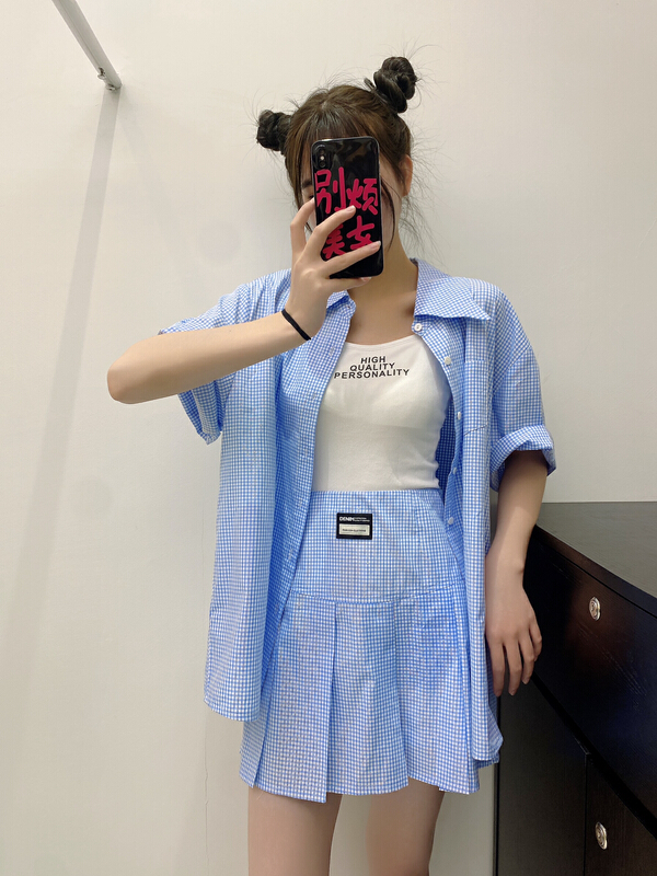 New in early summer! [BL Bertie Leah] Korean ins style loose short sleeved shirt ➕ High waist slim lettered trouser skirt set 23311# XYJ