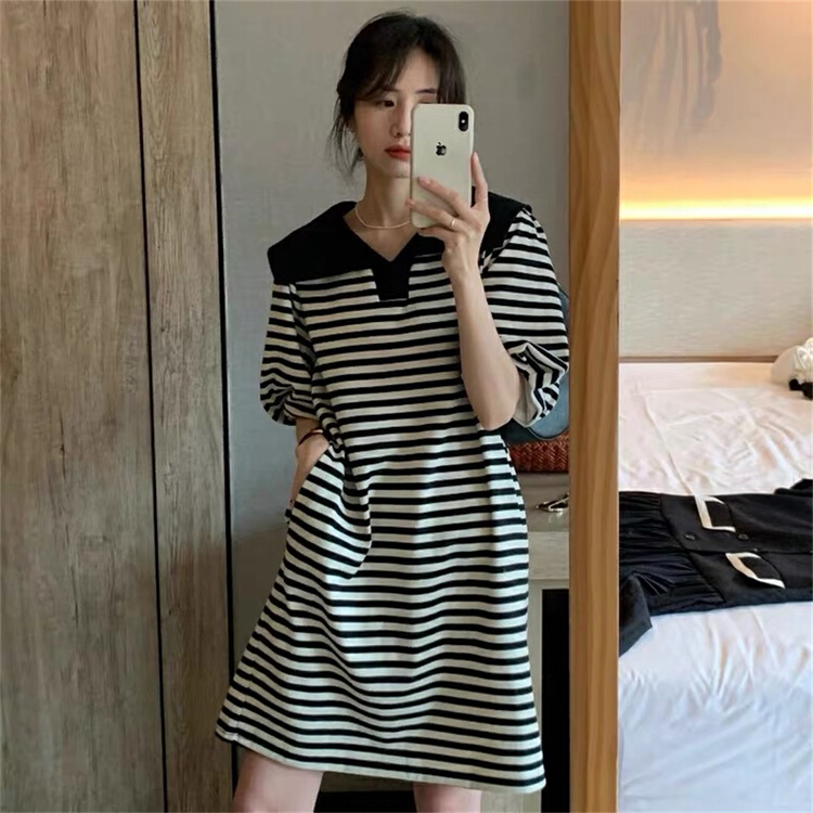 [8090] Navy collar stripe comfortable dress 2065# L