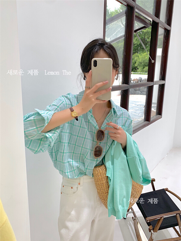 New year in early spring! [lemon green tea] Korean checkered single breasted shirt 2005# hjy