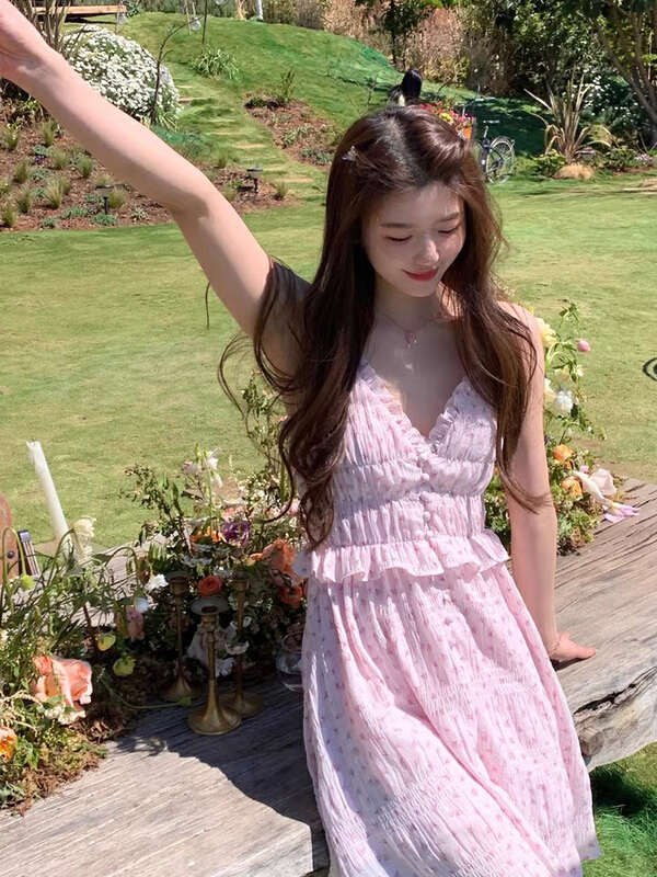 New in early summer! [w design] sweet girl pink cherry blossom suspender dress 12032# WPL