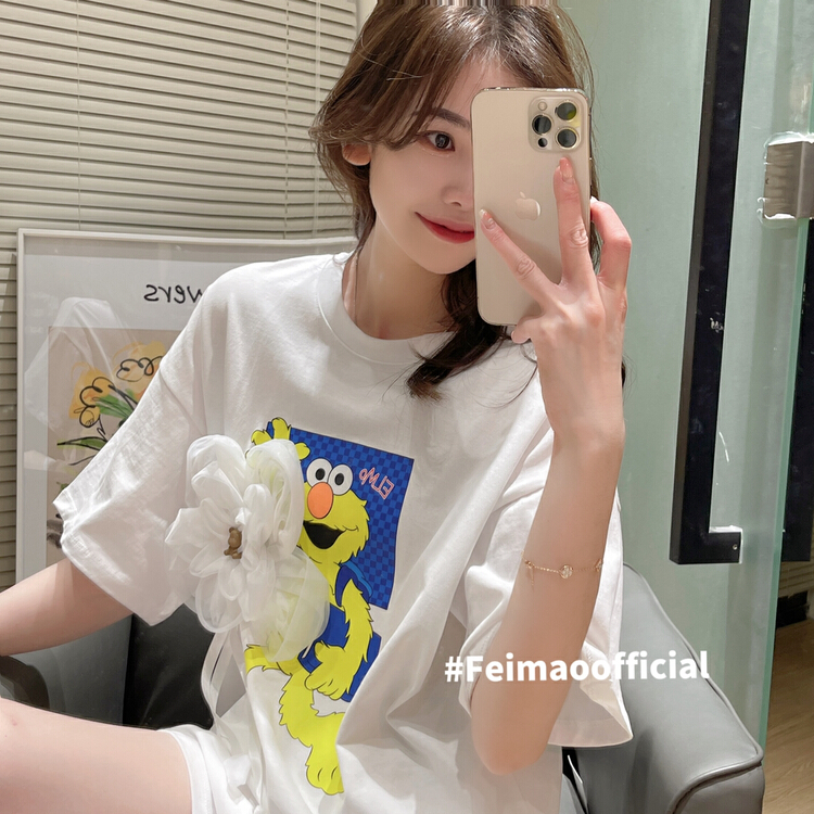 goods in stock! New in early summer! [Feimao Philippine cat] pattern printed Korean Short Sleeve T-shirt (with removable decoration) ym-7106# LSL