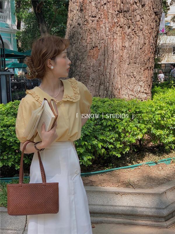 [I snow] lady doll collar single breasted bubble sleeve blouse 222368# WPL