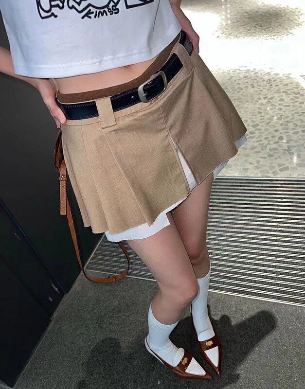 [Nancy] pleated inner lining stitched irregular hem skirt pants (with belt) t15# WPL