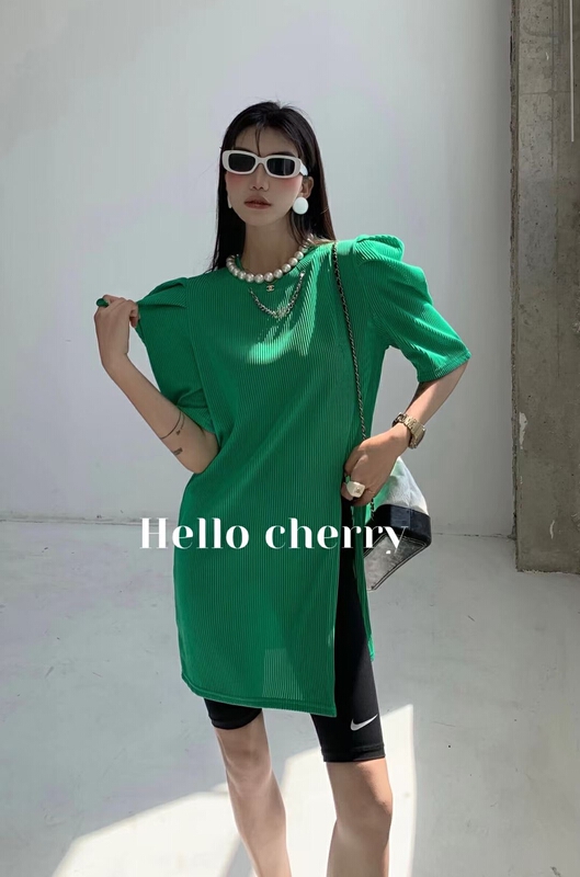 New in early summer! [Hello cherry] loose crimped bubble sleeve chain short sleeve T-shirt (with chain) ff113# WTT