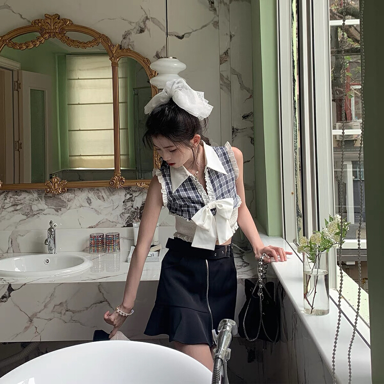 [Huaxi] Vintage stitching bow lace blouse 9066# PCZ