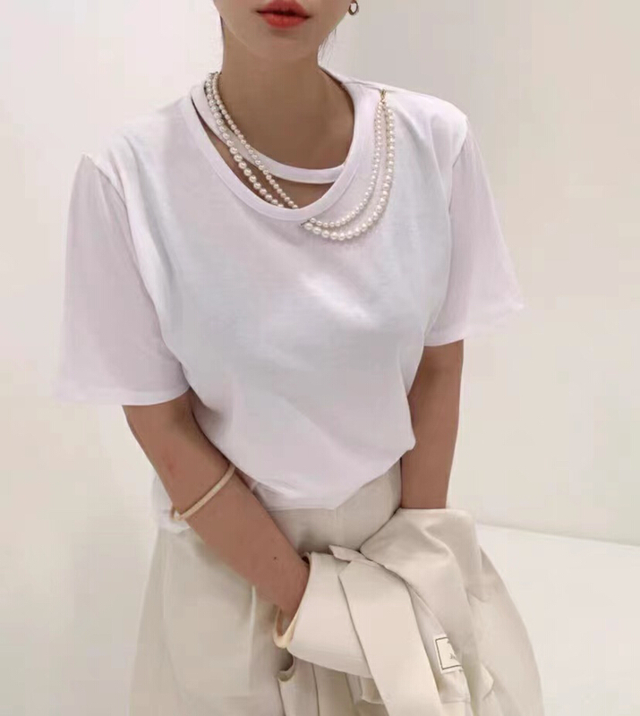 goods in stock! [Mi Xiang] simple pearl necklace Korean small shirt (with necklace) 5289# hjy