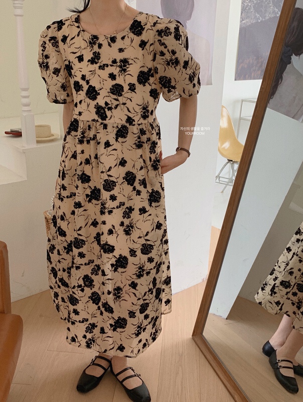 [your room] Vintage printed loose foam sleeve dress ys1-1116# cqw
