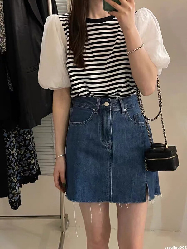 [Naikan Nik] casual bubble sleeve round neck stripe short sleeve T-shirt 9575# lwy