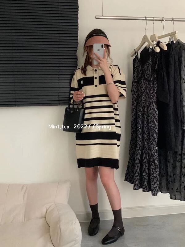 [mint tea] Korean Polo neck stripe contrast short sleeve dress 22031# zjy