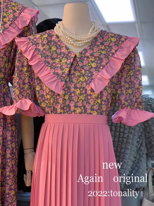 New in early summer! [again] Vintage wind broken flower sweet Chiffon large lapel shirt 6163-1# PCZ