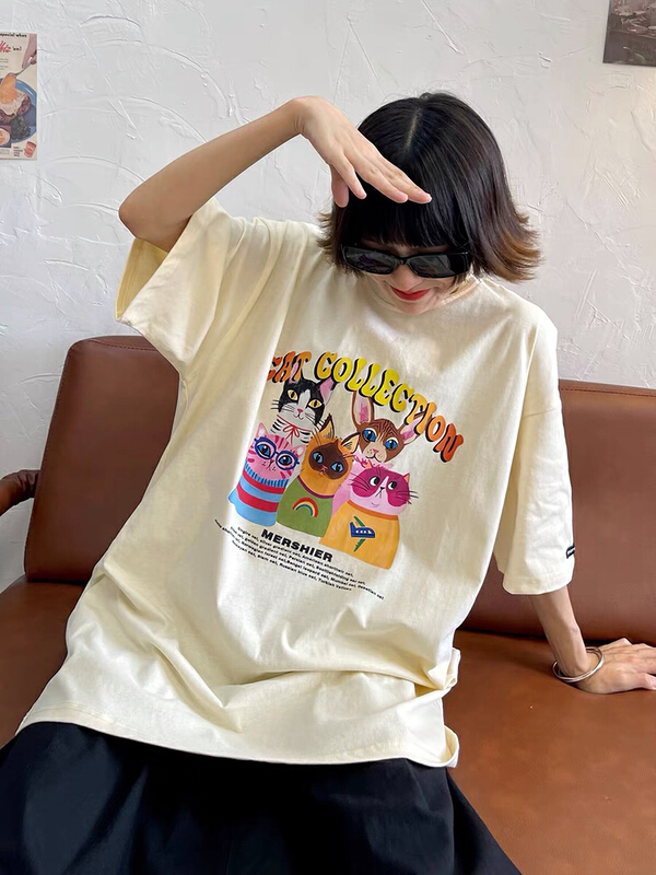 New in early summer! [lab eeda] cat print loose BF American Vintage ins short sleeve T-shirt 2981# ozq