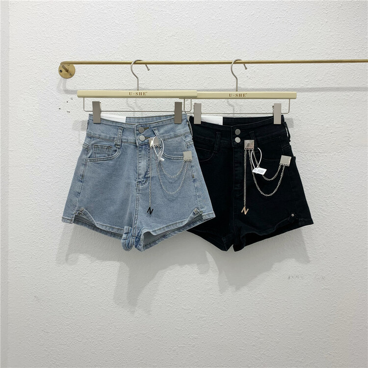 [u.she] Korean casual versatile denim shorts (with detachable chain) 6725# cqw