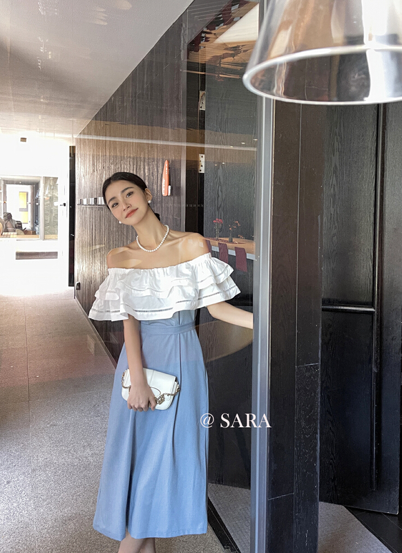 [Sara] color blocking fashion versatile dress (with waist rope) 18006# lwy