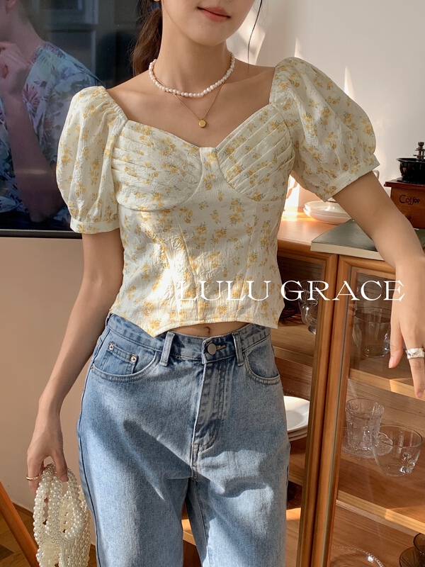 [Lulu grace] Korean floral bubble sleeve short shirt 6262# ZSY