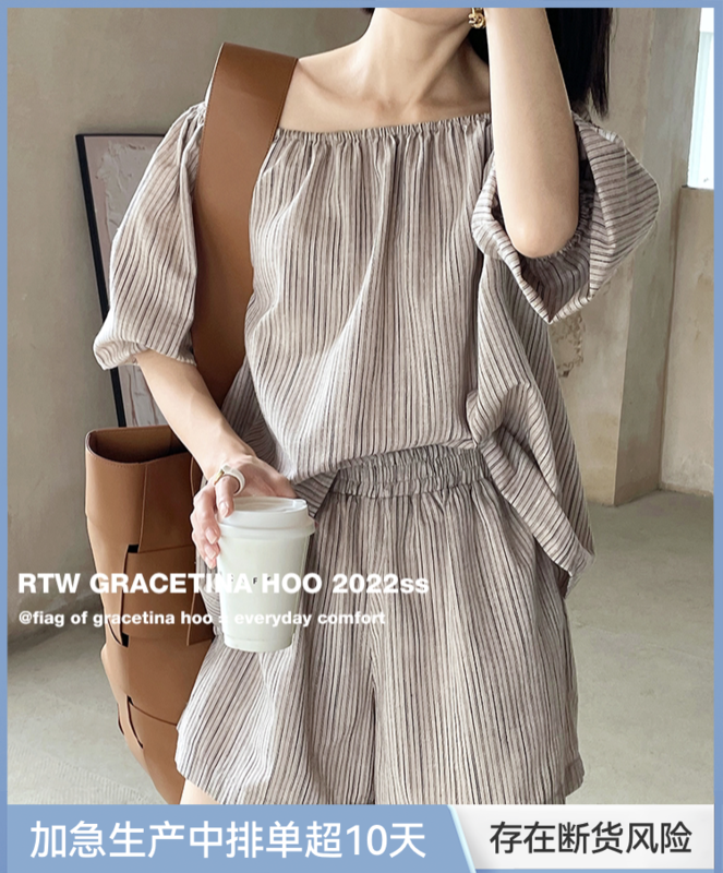 [gracetina Hoo] simple linen one shoulder shirt + loose and slim Shorts Set tz338# zxl