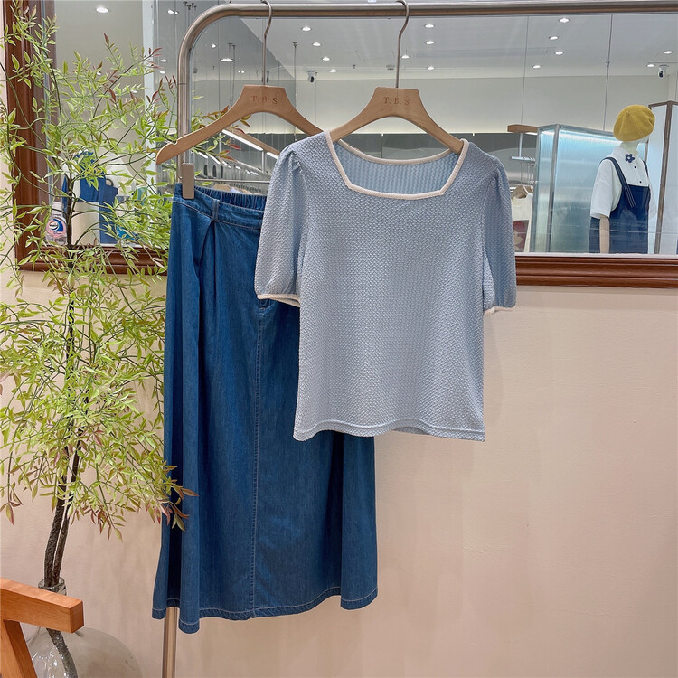 New in early summer! [t.b.s] Korean color contrast square neck Pullover short sleeve T-shirt 9180# lwy