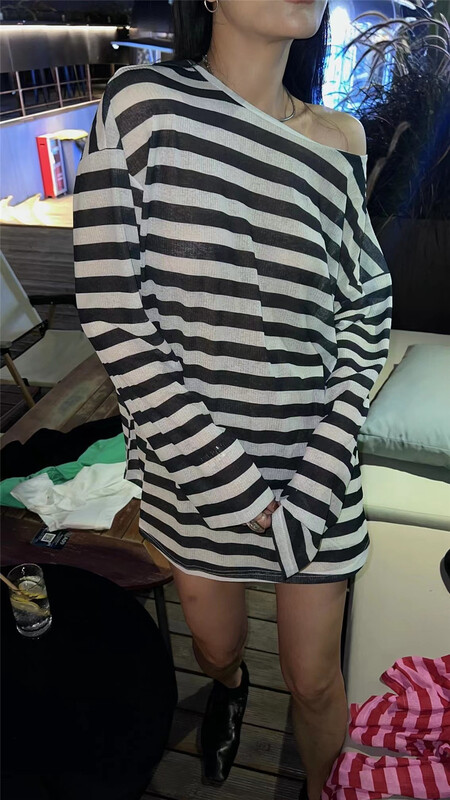 [BF wlj] striped back hollowed out sunscreen shirt (without necklace) 9092# ozq