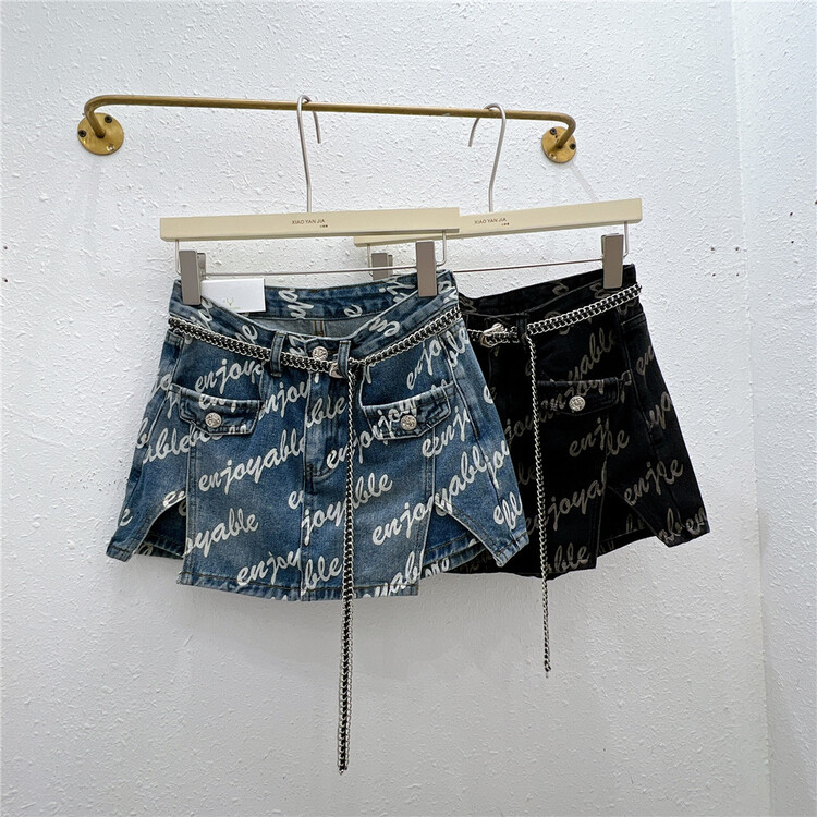 [Xiaoyan family] letter printed slim skirt (with chain) 925-1# XYJ