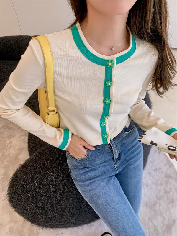 [Tutu] Korean color blocking design short knitted cardigan 68206# cqw