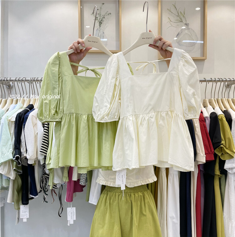 [Max original] Square Neck Lace Up bubble sleeve shirt 98216# HBx