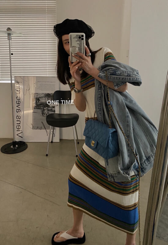 Original price 119.44! New year in early spring! [one time] stripe contrast fashion dress 29076# CLS