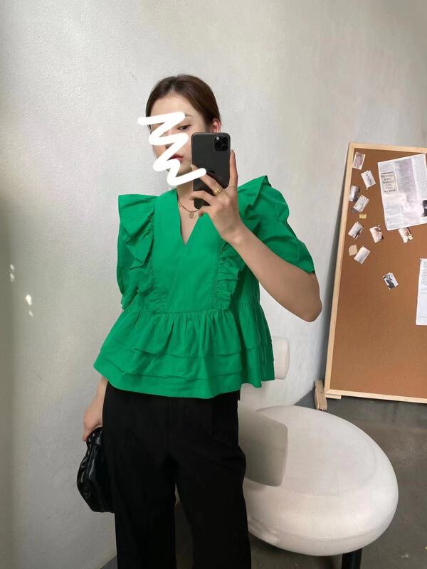 New in early summer! [modern 197] V-neck fungus edge temperament shirt 5626# zyh