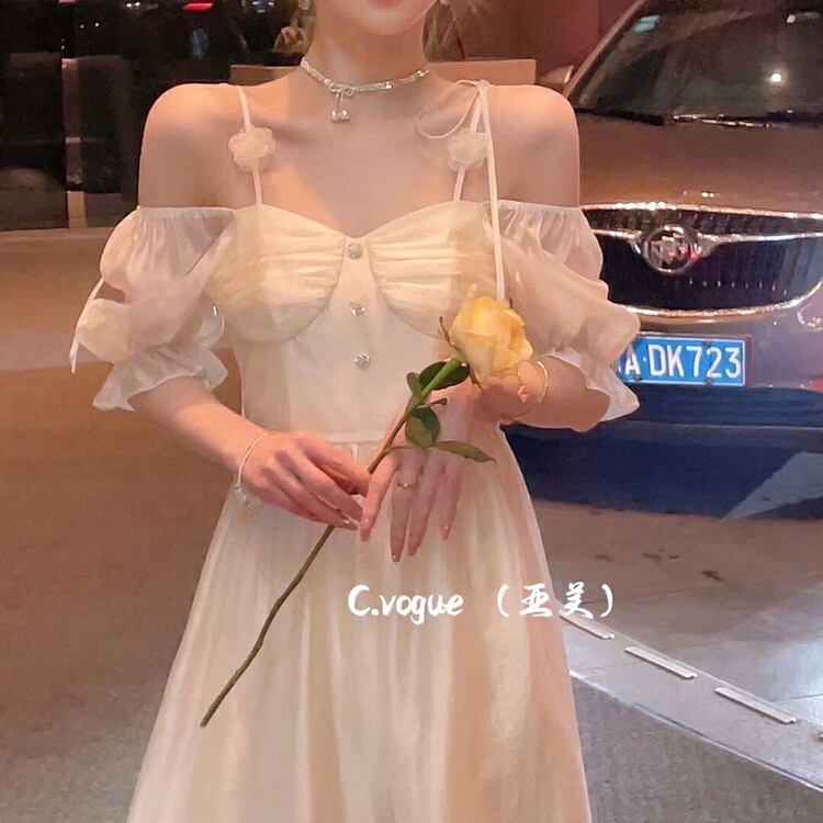 [c.vogue] French pure style gentle off shoulder low-key dress (with Brooch) 88550# PCZ