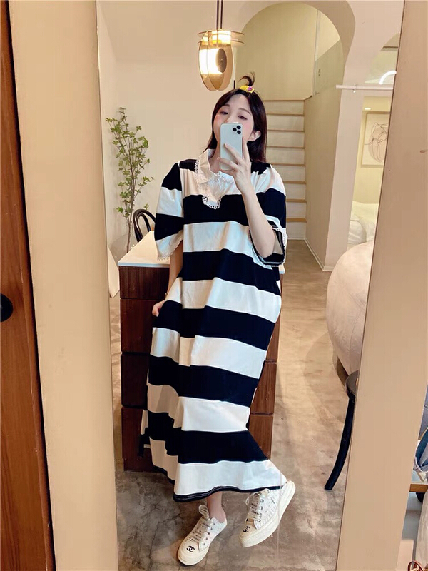 [savage] Korean mosaic polo collar lace black and white stripe dress e8108# WPL