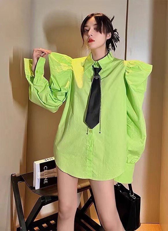goods in stock! Early spring new style [e.su] tie wide shoulder bubble sleeve shirt (with tie) 3792# lwy