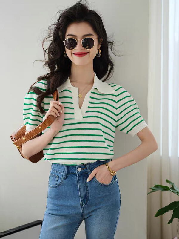 [Kiki studio] cool and comfortable striped short sleeved sweater 5865# hjy in summer