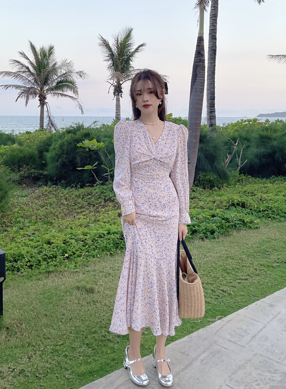 New year in early spring! [J2. J1wg] French soft bubble sleeve floral dress 22028# cqw